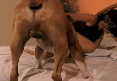 Brunette girl gets down on the floor and gets fucked by a dog