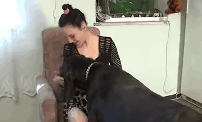 Skinny brunette makes love with a naughty dog on a chair