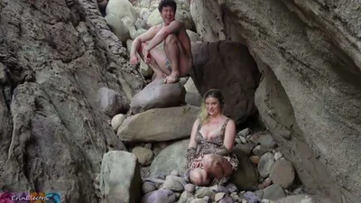 Outdoor activities with stepmom next to a big rock