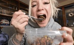 Cute blonde girl and eating shit