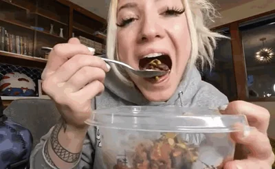 Cute blonde girl and eating shit